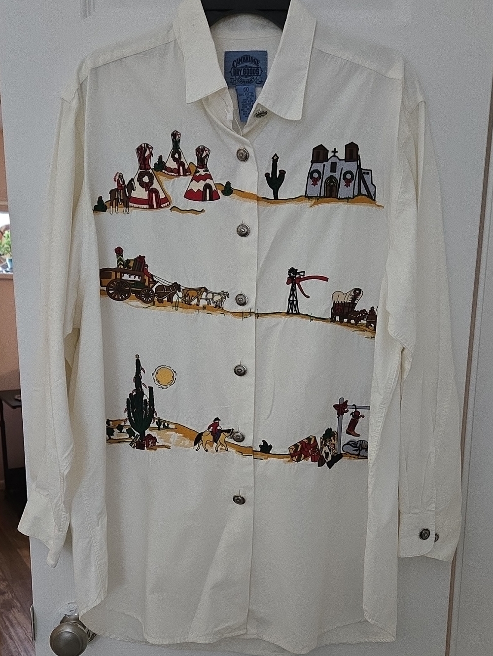 Cambridge Dry Goods Cream Button-Down Shirt with Multicolor Western Embroidery